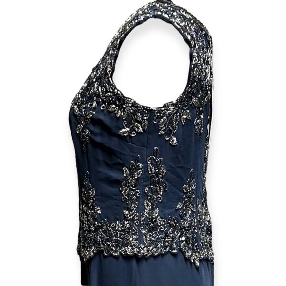 NEW J Kara Navy Mock 2 Piece Beaded Bodice Cap Sleeve Long Fit & Flare Dress - Picture 8 of 15